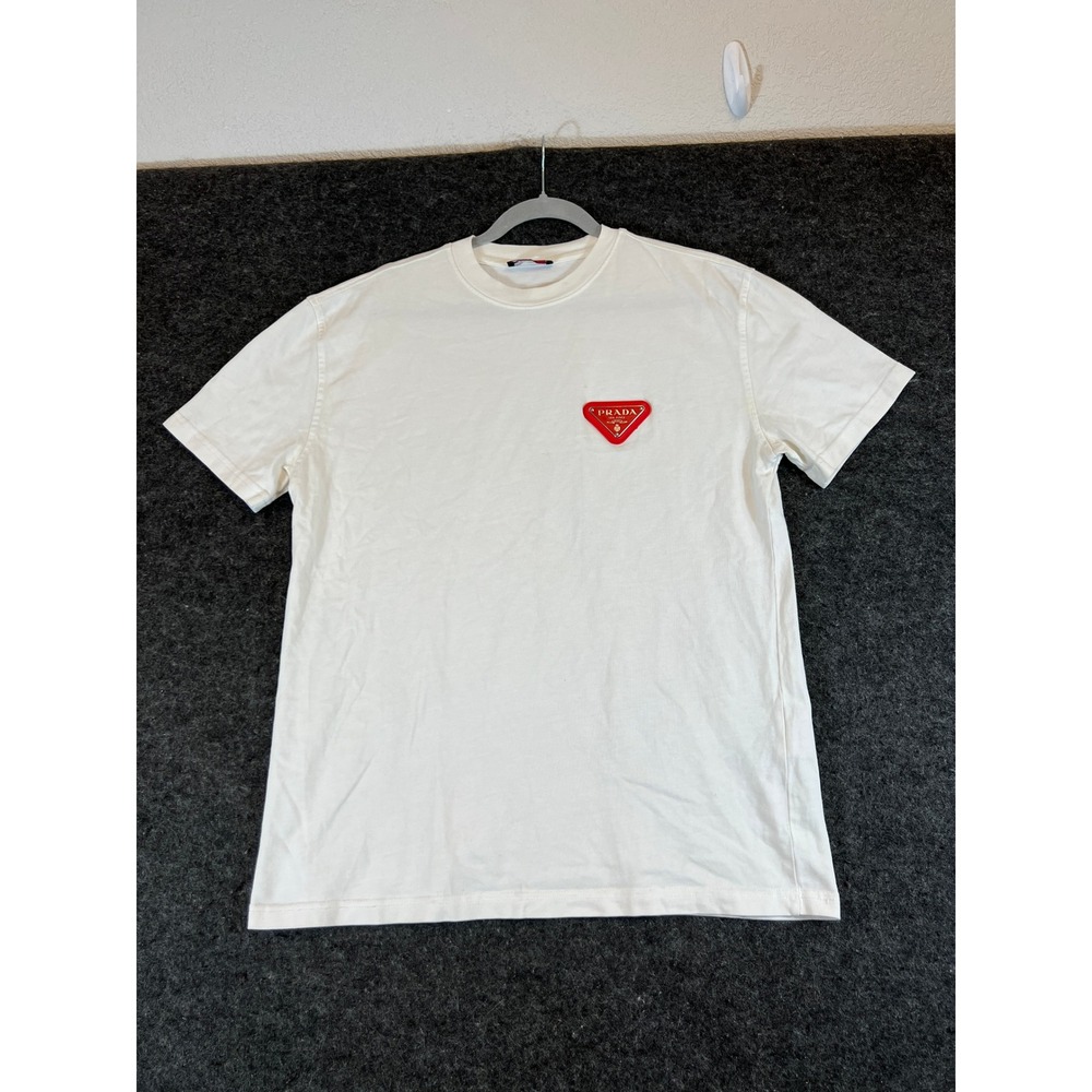 Prada Milano Mens White Cotton T-Shirt Red Triangle Logo Patch Made in Italy S